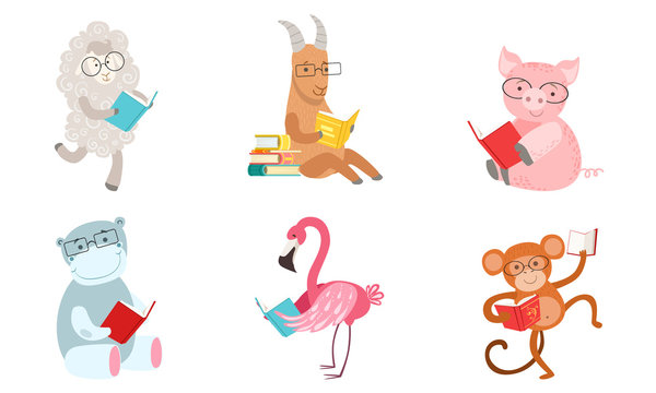 Cute humanized animals read different books. Vector illustration.