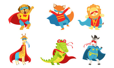 Cute animals dressed as superheroes. Vector illustration.