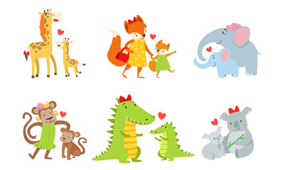 Obraz premium Cute animals couple mom and baby. Vector illustration.