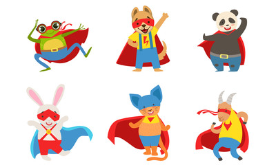 Funny animals in superhero costumes. Vector illustration.