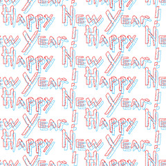 Glitch effect. Seamless pattern of Happy New Year calligraphy. Blue and red phrase in trendy style. Vector illustration of winter symbols.