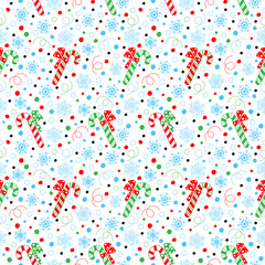 Seamless pattern of snowflakes and striped candy canes. Red, black, green and blue confetti. Vector illustration of winter symbols.