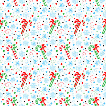 Seamless pattern of snowflakes and striped candy canes. Red, black, green and blue confetti. Vector illustration of winter symbols.