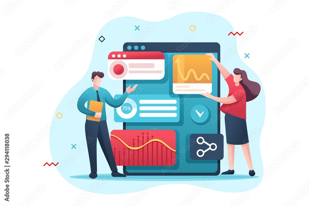 Canvas Prints young entrepreneurs review reports and analyze data. flat 2d character. concept for web design