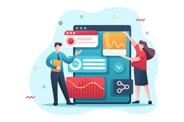 Young entrepreneurs review reports and analyze data. Flat 2D character. Concept for web design