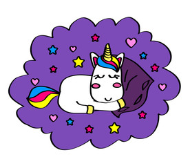Cute unicorn sleeping on a soft pillow. Vector illustration.