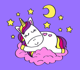 Cute unicorn is sleeping on a pink cloud background. Vector illustration. 