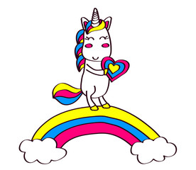 Cute little unicorn on a rainbow on a white background. Vector illustration. 