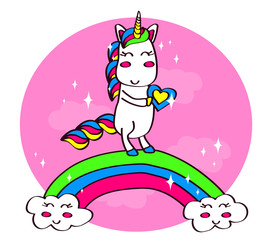 Cute unicorn on a rainbow on a pink background. Vector illustration. 