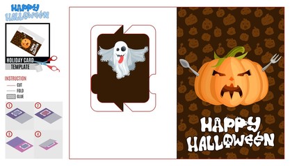 Fototapeta premium greeting card cut halloween pumpkin and food