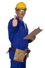 senior builder or construction worker making ok sign with thumb isolated