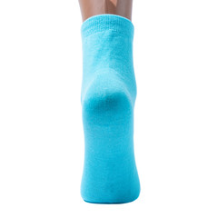 back view of blue socks on an isolated white background