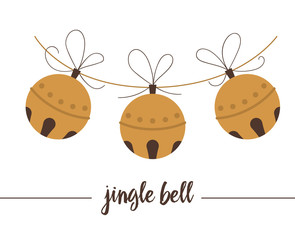Vector golden jingle bells isolated on white background. Cute funny illustration of new year symbol. Christmas flat style traditional picture for decorations or design.. - obrazy, fototapety, plakaty