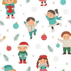 Vector seamless pattern with funny children in different poses with Christmas decor. Cute funny repeat background of new year symbols. Christmas flat style picture for decorations or design..