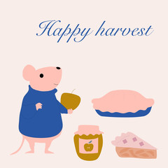 Apple happy harvest and cute mouse, vector illustration