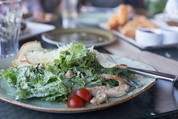 salad with mayonnaise sauce with chicken and tomatoes on a plate