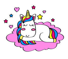 Obraz na płótnie Canvas Cute unicorn is sleeping on a pink cloud. Vector illustration.
