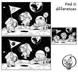 Funny cats astronauts, flag and moonrover. Find 10 differences. Educational matching game for children. Black and white cartoon vector illustration