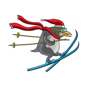 The character is an animal penguin skiing on a white isolated background. Drawn by ruaka. Vector image.