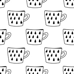 Black and white illustration of tea cups or coffee mugs. Seamless pattern for coloring book, page.