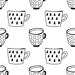 Black and white illustration of tea cups or coffee mugs. Seamless pattern for coloring book, page.