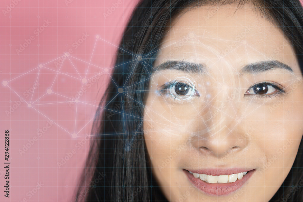 Poster asian human women face with a virtual eye hud interface animation in augmented reality. button worki
