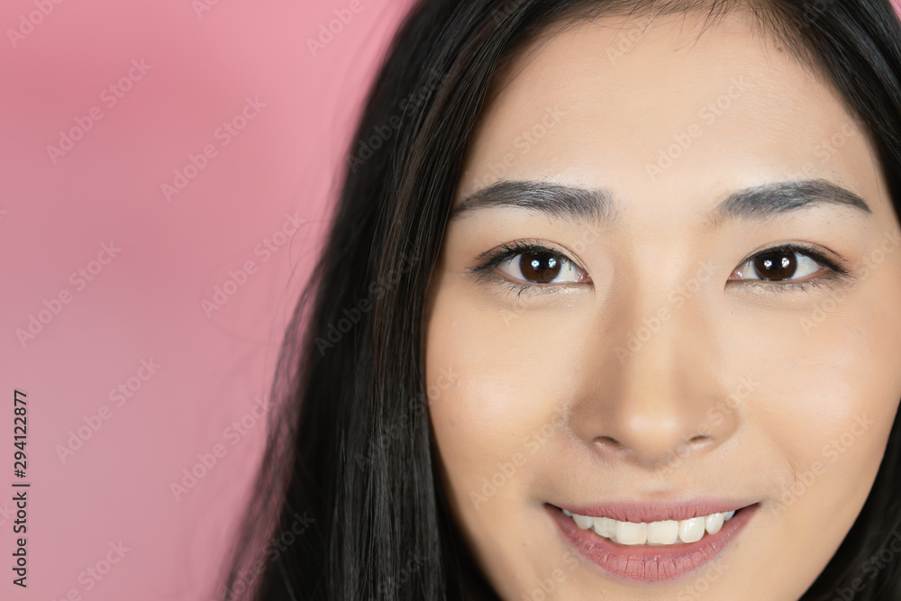 Poster asian human women face with a virtual eye hud interface animation in augmented reality. button worki