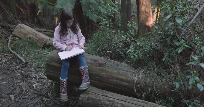 a little girl taps her nose with a pencil before she sketches in the Australian bush while taking a break on a hike. She is drawing on a sketchpad with a pencil while sitting on a fallen tree log