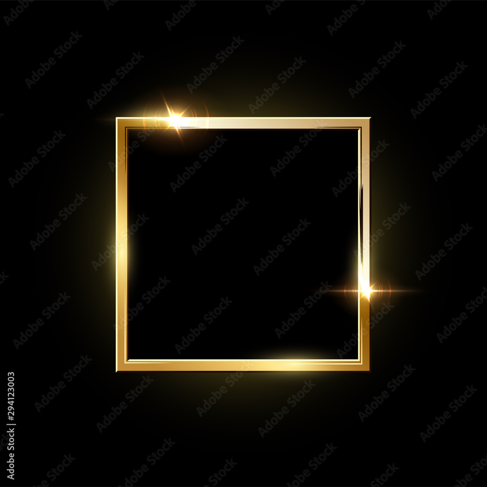Poster golden square frame with shadow isolated on black background. vector design element.