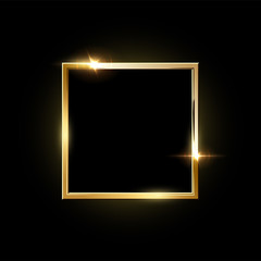 Golden square frame with shadow isolated on black background. Vector design element.