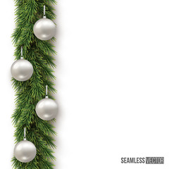 Seamless Christmas and New Year background. Vector fir branch with Christmas balls on white background vertical seamless pattern.