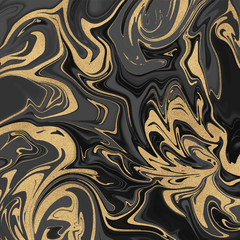 Black and golden glitter ink painting pattern. Abstract liquid watercolor texture. Trendy backgrounds for wallpaper, flyer, poster, card, invitations. 