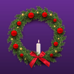 Fir wreath with red Christmas balls, bow, golden stars and burning candle isolated on purple background. Vector design element.