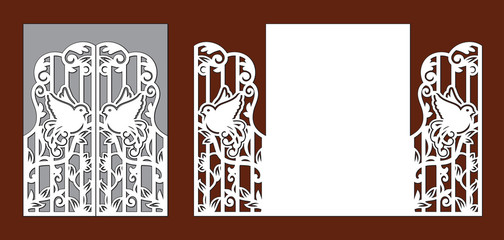 Wedding invitation with lace decor. Fairy bird in leaves and abstract floral ornament. Laser cut template for party. Envelope for greeting card. Openwork vector silhouette of fold gate for cutting.