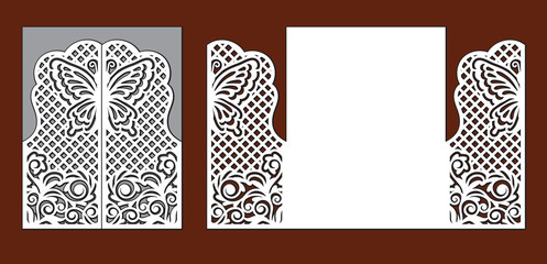 Wedding invitation with lace decoration. Fairy butterfly, floral ornate ornament and grid. Laser cut template for party. Envelope for greeting card. Openwork vector silhouette of fold gate for cutout.