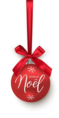 Red Christmas ball with bow and ribbon and Joyeux Noel text isolated on white background. Vector Christmas and New Year design element.