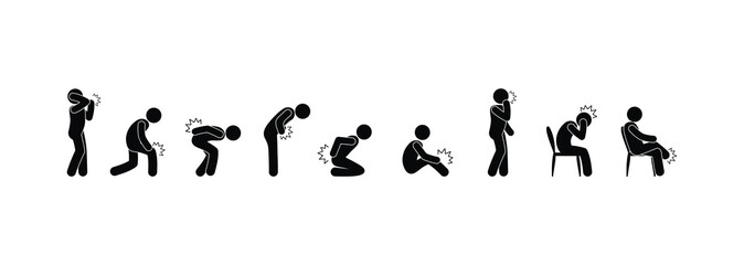 person feels pain, a set of illustrations of the symptoms of various diseases, stick figure people pictograms