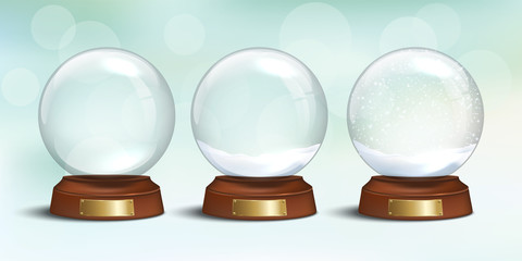 Empty glass snow globe and snow globes with snow on winter holiday background. Vector Christmas and New Year design elements. Snow globe templates.