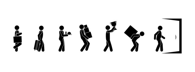 icons of people walking, isolated stick figure human silhouettes, man carries a burden