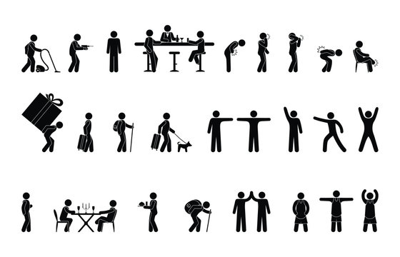 isolated stick figure people icons, human pictogram in various situations