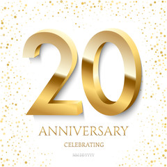 Golden 20th Anniversary Celebrating text and confetti on white background. Vector celebration 20 anniversary event template.
