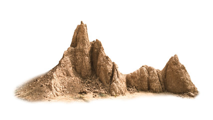 Brown stone mountain and abstract texture isolated on pure white background. Termite mound or arid...