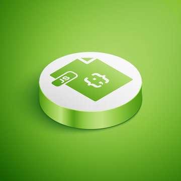 Isometric JS file document. Download js button icon isolated on green background. JS file symbol. White circle button. Vector Illustration
