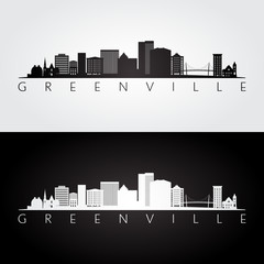 Greenville USA skyline and landmarks silhouette, black and white design, vector illustration.