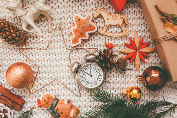 Christmas and New Year holiday background and wallpaper. Christmas decoration toys 