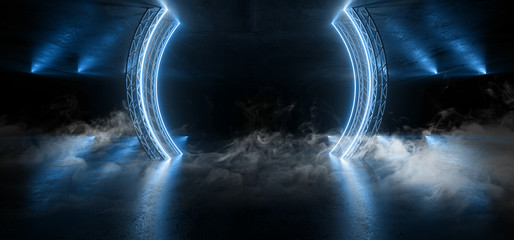 Smoke Circle Construction Gate Sci Fi Futuristic Neon Glowing Blue Laser Lines Reflective Concrete Grunge Dark Night Show Stage Entrance Garage Underground Retro Modern Virtual 3D Rendering