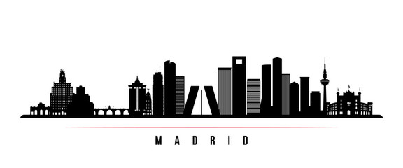 Madrid skyline horizontal banner. Black and white silhouette of Madrid, Spain . Vector template for your design. - obrazy, fototapety, plakaty