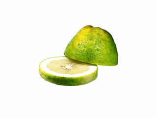 close up slice lemon Tropical fruit and white background.