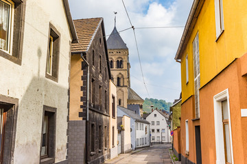 Fototapeta na wymiar Colorful houses and church tower in Andernach, Germany