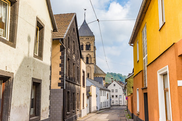 Colorful houses and church tower in Andernach, Germany